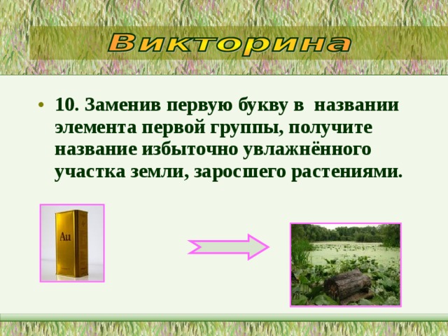 10.  Заменив первую букву в  названии элемента первой группы, получите название избыточно увлажнённого участка земли, заросшего растениями.    