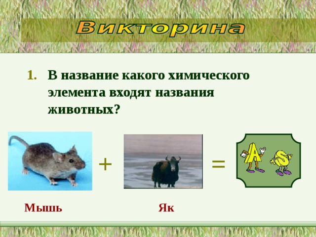 В название какого химического элемента входят названия животных?   + = Мышь  Як  