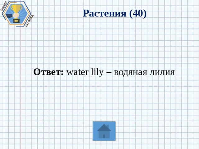 Растения (40) Ответ: water lily – водяная лилия 