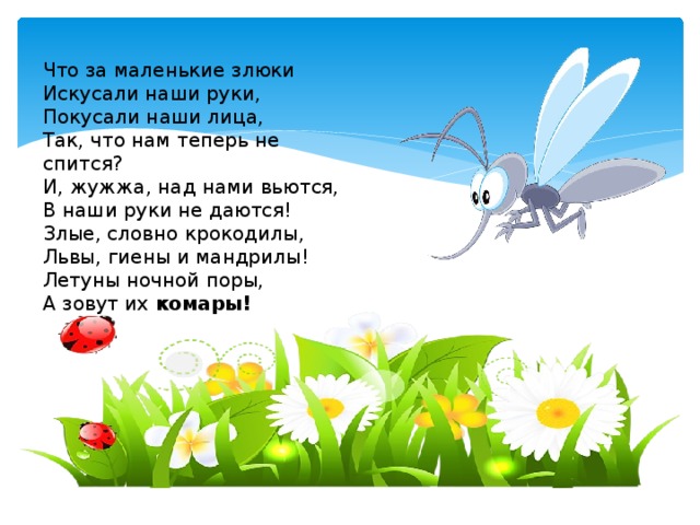 Что за маленькие злюки Искусали наши руки, Покусали наши лица, Так, что нам теперь не спится? И, жужжа, над нами вьются, В наши руки не даются! Злые, словно крокодилы, Львы, гиены и мандрилы! Летуны ночной поры, А зовут их комары! 