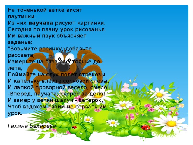 На тоненькой ветке висят паутинки. Из них паучата рисуют картинки. Сегодня по плану урок рисованья. Им важный паук объясняет заданье: 