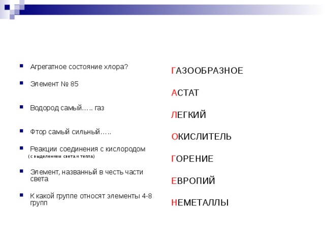 Агрегатное состояние хлора?  Элемент № 85  Водород самый….. газ  Фтор самый сильный…..  Реакции соединения с кислородом  (с выделением света и тепла) Элемент, названный в честь части света  К какой группе относят элементы 4-8 групп  Г АЗООБРАЗНОЕ А СТАТ Л ЕГКИЙ О КИСЛИТЕЛЬ Г ОРЕНИЕ Е ВРОПИЙ Н ЕМЕТАЛЛЫ 