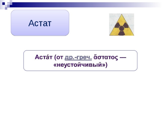                                Попытки найти в природе элемент № 85 -  астат  («экайиод», Д.И.Менделеев) были безуспешны. Астат - от греч. «астатос» - неустойчивый. Получен учеными Калифорнийского университета Э.Д. Сегре, Д. Корсоном и К.Р. Маккензи в 1940 году искусственным путем при облучении висмута альфа-частицами, радиоактивен (период полураспада равен 8,3 ч).   Астат 