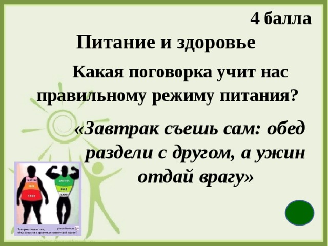 4 балла Питание и здоровье   Какая поговорка учит нас правильному режиму питания?  «Завтрак съешь сам: обед раздели с другом, а ужин отдай врагу» 