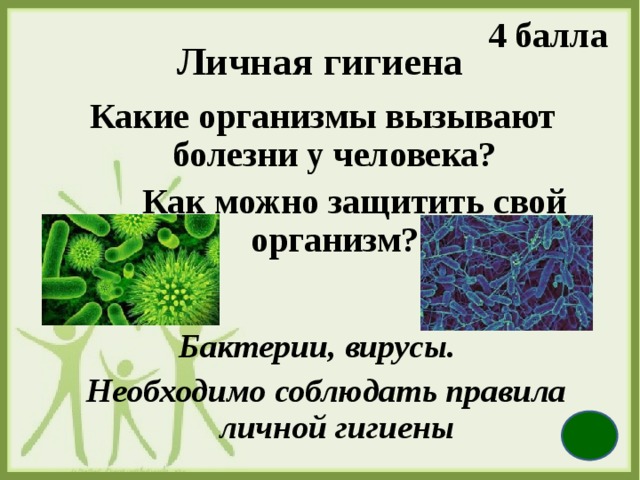 4 балла Личная гигиена Какие организмы вызывают болезни у человека?   Как можно защитить свой организм? Бактерии, вирусы. Необходимо соблюдать правила личной гигиены 