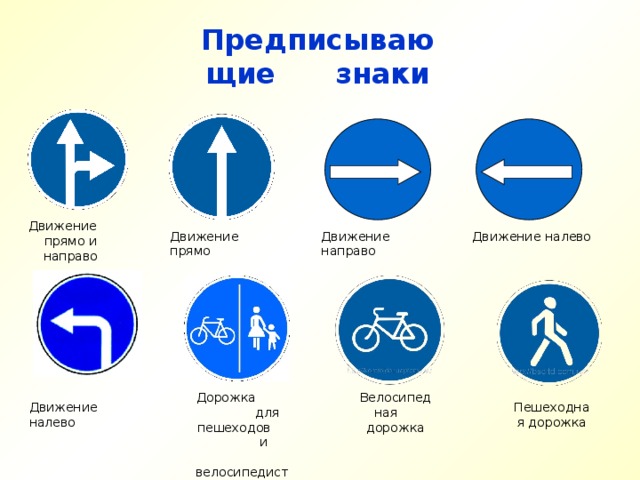 Предписывающие знаки Движение прямо и направо Движение налево Движение направо Движение прямо Велосипедная дорожка Дорожка для пешеходов и велосипедистов Пешеходная дорожка Движение налево 