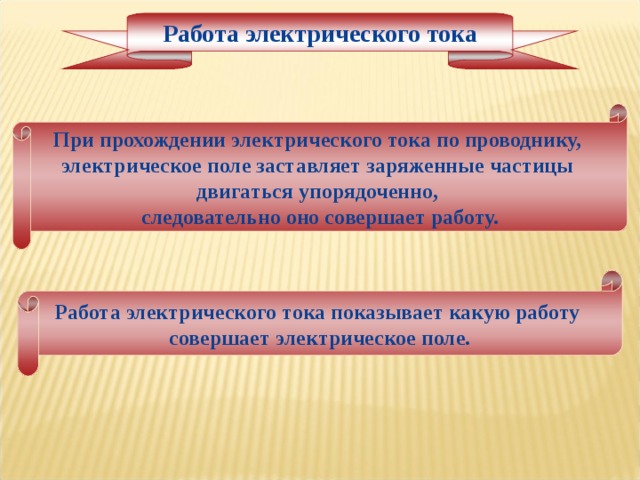 Работа электрического тока При прохождении электрического тока по проводнику, электрическое поле заставляет заряженные частицы двигаться упорядоченно, следовательно оно совершает работу. Работа электрического тока показывает какую работу совершает электрическое поле. 