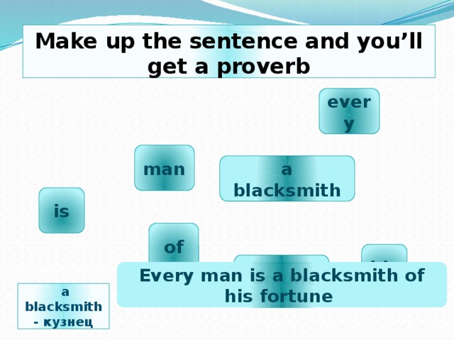 Make up the sentence and you’ll get a proverb every man a blacksmith is of his fortune Every man is a blacksmith of his fortune  a blacksmith - кузнец 