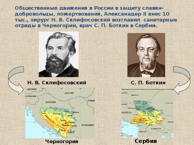 Общественные движения в России в защиту славян-добровольцы, пожертвования, Алексанадер II внес 10 тыс., хирург Н. В. Склифосовский возглавил санитарные отряды в Черногории, врач С. П. Боткин в Сербии. Н. В. Склифосовский С. П. Боткин Сербия Черногория