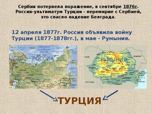 Сербия потерпела поражение, в сентябре 1876г . Россия-ультиматум Турции - перемирие с Сербией, это спасло падение Белграда . 12 апреля 1877г. Россия объявила войну Турции (1877-1878гг.), в мае - Румыния. РОССИЯ РУМЫНИЯ ТУРЦИЯ