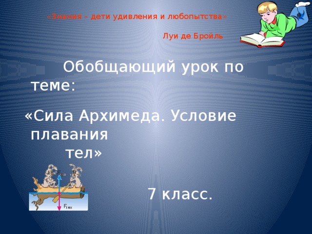 Сравняться в силе. Сила Архимеда 7 класс плавание тел.