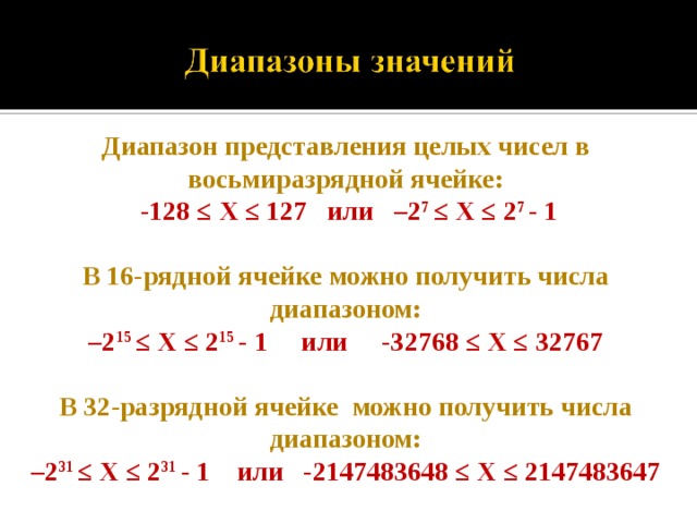 Диапазон представления целых чисел в восьмиразрядной ячейке:  -128 ≤ X ≤ 127 или –2 7 ≤ Х ≤ 2 7 - 1  В 16-рядной ячейке можно получить числа диапазоном: – 2 15 ≤ Х ≤ 2 15 - 1 или -32768 ≤ X ≤ 32767  В 32-разрядной ячейке можно получить числа диапазоном: – 2 31 ≤ Х ≤ 2 31 - 1 или -2147483648 ≤ X ≤ 2147483647   