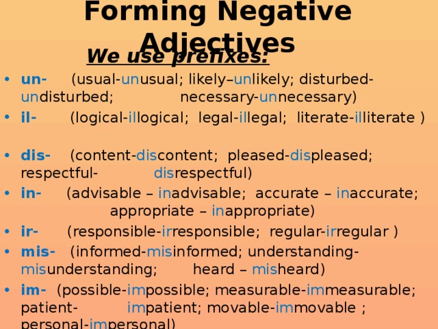Make adjectives negative