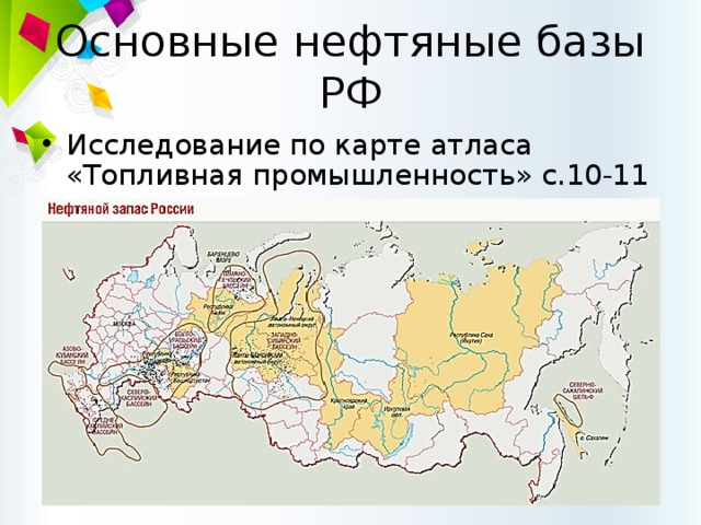 Основные нефтяные базы РФ Исследование по карте атласа «Топливная промышленность» с.10-11 