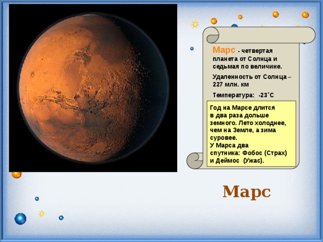 Марс - четвертая планета от Солнца и седьмая по величине. Удаленность от Солнца – 227 млн. км Температура: -23˚С Год на Марсе длится в два раза дольше земного. Лето холоднее, чем на Земле, а зима суровее. У Марса два спутника: Фобос (Страх) и Деймос (Ужас). Марс  