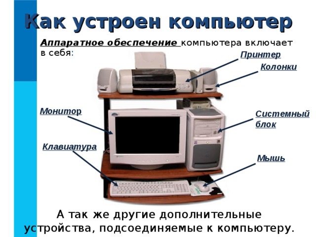 Как устроен компьютер Аппаратное обеспечение компьютера включает  в себя : Принтер Колонки Монито р Системный блок Клавиатура Мышь А так же другие дополнительные устройства, подсоединяемые к компьютеру. 
