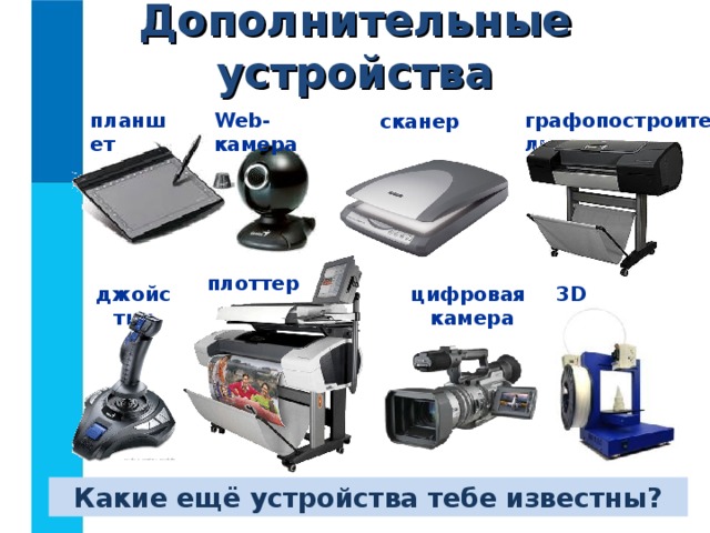 Дополнительные устройства графопостроитель Web -камера планшет сканер плоттер джойстик цифровая  камера 3 D принтер Какие ещё устройства тебе известны? 