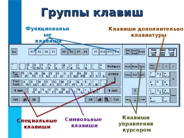 Группы клавиш Функциональные  клавиши Клавиши дополнительной клавиатуры Клавиши управления  курсором Символьные  клавиши Специальные клавиши 