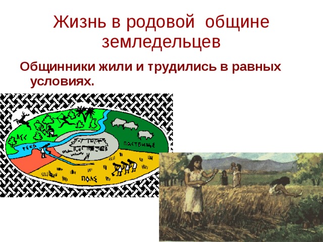 Жизнь в родовой общине земледельцев Общинники жили и трудились в равных условиях.  