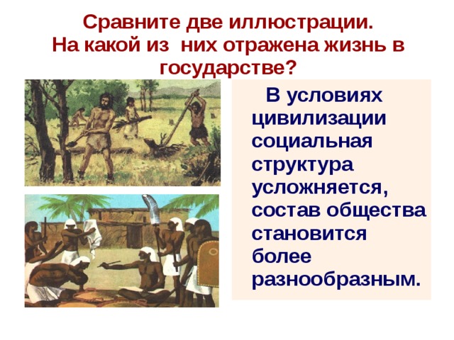 Сравните две иллюстрации.  На какой из них отражена жизнь в государстве?  В условиях цивилизации социальная структура усложняется, состав общества становится более разнообразным.  