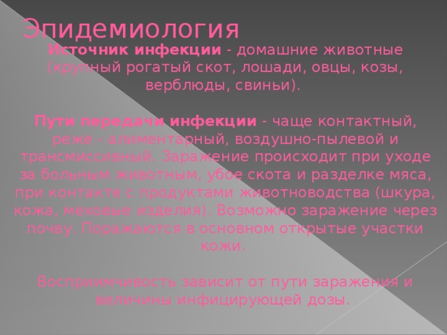Эпидемиология Источник инфекции - домашние животные (крупный рогатый скот, лошади, овцы, козы, верблюды, свиньи). Пути передачи инфекции - чаще контактный, реже - алиментарный, воздушно-пылевой и трансмиссивный. Заражение происходит при уходе за больным животным, убое скота и разделке мяса, при контакте с продуктами животноводства (шкура, кожа, меховые изделия). Возможно заражение через почву. Поражаются в основном открытые участки кожи. Восприимчивость зависит от пути заражения и величины инфицирующей дозы.  