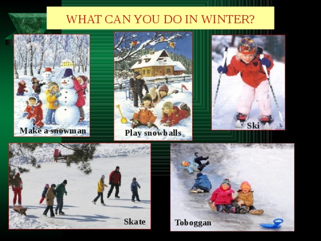 What Can you do in winter? Ski Make a snowman Play snowballs Skate Toboggan 