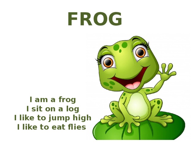FROG I am a frog I sit on a log I like to jump high I like to eat flies 
