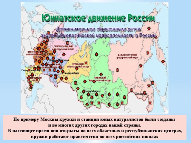 По примеру Москвы кружки и станции юных натуралистов были созданы и во многих других городах нашей страны.  В настоящее время они открыты во всех областных и республиканских центрах, кружки работают практически во всех российских школах 