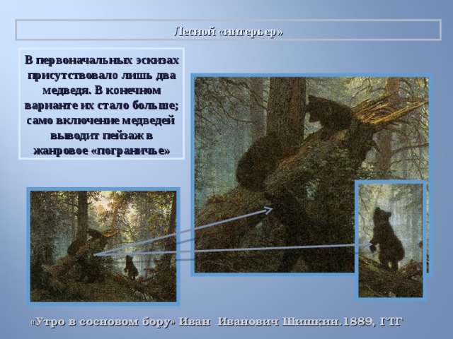 Лесной «интерьер» В первоначальных эскизах присутствовало лишь два медведя. В конечном варианте их стало больше; само включение медведей выводит пейзаж в жанровое «пограничье» «Утро в сосновом бору» Иван Иванович Шишкин.1889, ГТГ 