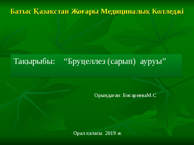 Батыс Қазақстан Жоғары Медициналық Колледжі Тақырыбы: “Бруцеллез (сарып) ауруы” Орындаған: БисариеваМ.С Орал қаласы 2019  ж 