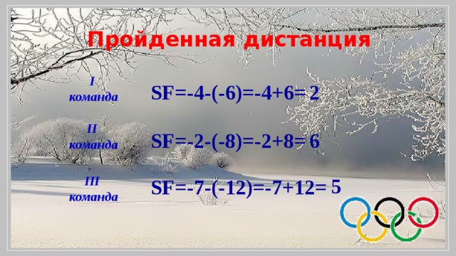  Пройденная дистанция I команда SF=-4-(-6)=-4+6= 2 II команда SF=-2-(-8)=-2+8= 6 III команда 5 SF=-7-(-12)=-7+12= 