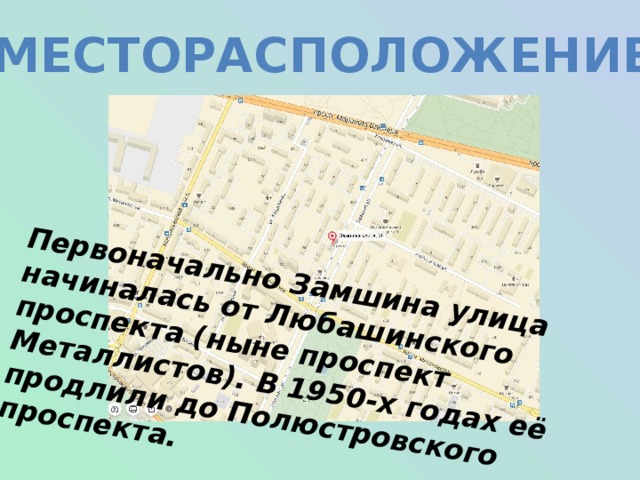 Первоначально Замшина улица начиналась от Любашинского проспекта (ныне проспект Металлистов). В 1950-х годах её продлили до Полюстровского проспекта. Месторасположение 