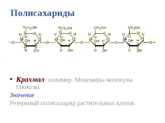 Полисахариды Крахмал - полимер. Мономеры молекулы глюкозы. Значение Резервный полисахарид растительных клеток 