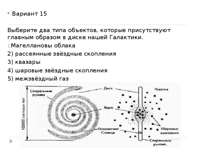 Вариант 15 Выберите два типа объектов, которые присутствуют главным образом в диске нашей Галактики. Магеллановы облака 2) рассеянные звёздные скопления 3) квазары 4) шаровые звёздные скопления 5) межзвёздный газ 