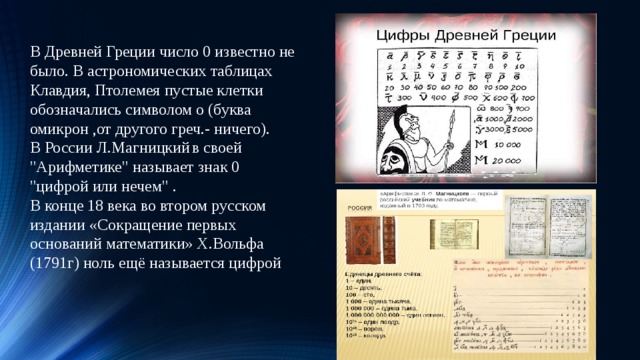 16.06.19 В Древней Греции число 0 известно не было. В астрономических таблицах Клавдия, Птолемея пустые клетки обозначались символом о (буква омикрон ,от другого греч.- ничего). В России Л.Магницкий  в своей 