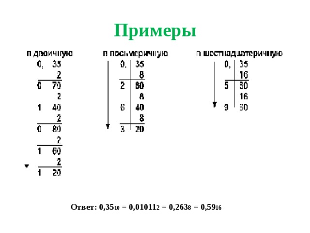 Примеры Ответ: 0,35 10 = 0,01011 2 = 0,263 8 = 0,59 16 
