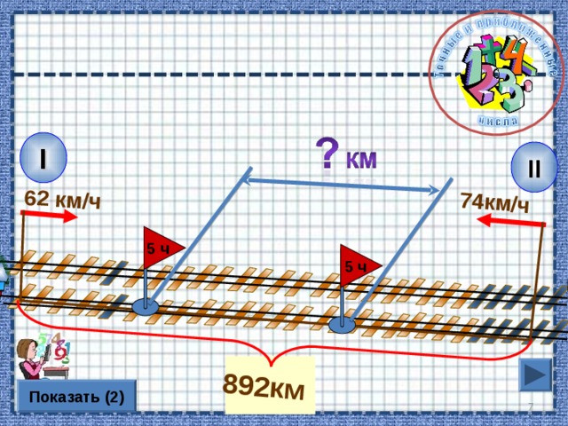 74км/ч  892км  62 км/ч  5 ч 000 I II 5 ч   Показать (2)  7 