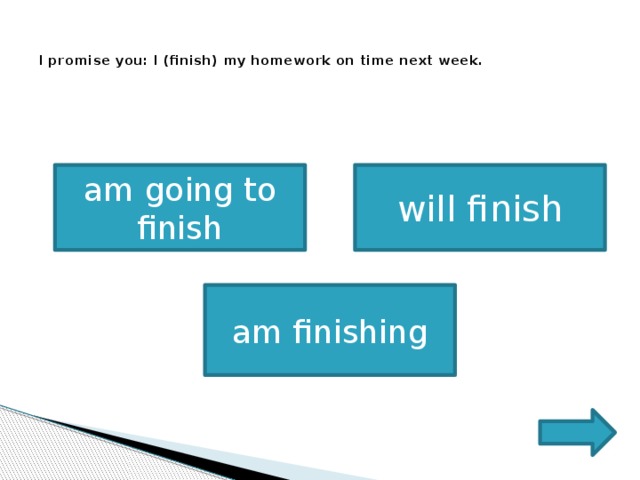   I promise you: I (finish) my homework on time next week.    am going to finish will finish am finishing 