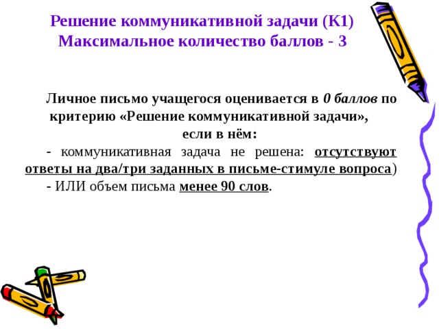 Решение коммуникативной задачи (К1) Максимальное количество баллов - 3 Личное письмо учащегося оценивается в 0 баллов по критерию «Решение коммуникативной задачи», если в нём: - коммуникативная задача не решена: отсутствуют ответы на два/три заданных в письме-стимуле вопроса ) - ИЛИ объем письма менее 90 слов . 