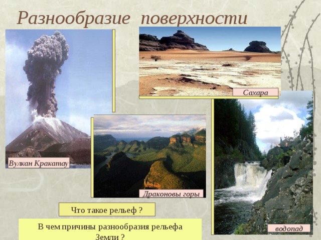 Разнообразие поверхности Сахара Вулкан Кракатау Драконовы горы Что такое рельеф ? В чем причины разнообразия рельефа Земли ? водопад 