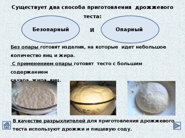 Существует два способа приготовления дрожжевого теста:   Опарный Безопарный   И Без опары готовят изделия, на которые идет небольшое количество яиц и жира.  С применением опары готовят тесто с большим содержанием сахара, жира, яиц. В качестве разрыхлителей для приготовления дрожжевого теста используют дрожжи и пищевую соду. 