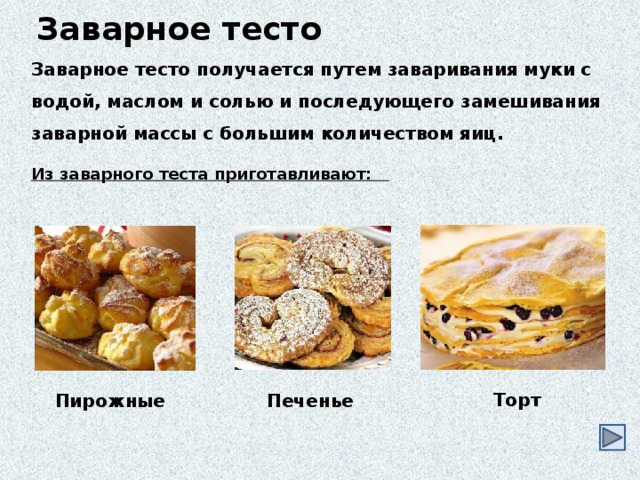 Заварное тесто Заварное тесто получается путем заваривания муки с водой, маслом и солью и последующего замешивания заварной массы с большим количеством яиц.  Из заварного теста приготавливают: Торт Пирожные Печенье 