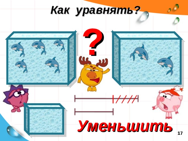 Как уравнять? ?  А Бараш предложил ещё один способ, как сделать так, чтобы количество рыбок было одинаковое? Как вы думаете, какой? (надо убрать рыбок из аквариума Ёжика). Возьмем еще один аквариум и отсадим три рыбки.  Как это можно показать на схеме? (зачеркнуть)  Что мы сделали с количеством рыбок? (уменьшили) Уменьшить 17  