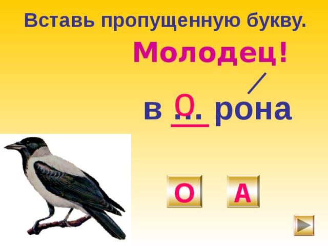 Вставь пропущенную букву. Молодец! о в … рона О А 