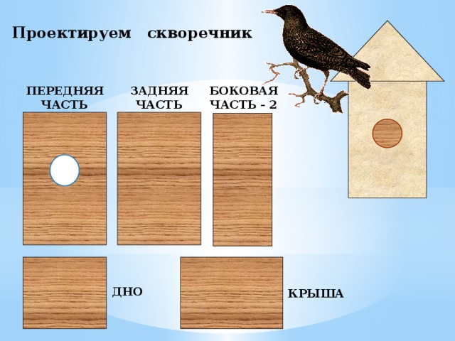 Проектируем скворечник БОКОВАЯ ЗАДНЯЯ ПЕРЕДНЯЯ ЧАСТЬ ЧАСТЬ ЧАСТЬ - 2 ДНО КРЫША  