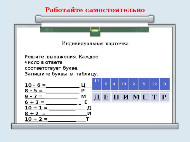 Работайте самостоятельно Индивидуальная карточка Решите выражения. Каждое число в ответе соответствует букве. Запишите буквы в таблицу. 10 – 6 =______________ Ц  8 – 5 = ______________ Р 9 – 7 = ______________ М 6 + 3 = _____________ _ Е 10 + 1 = ___________ Д 8 + 2 = ___________ И 10 + 2 =____________ Т 11  9 4     10   2   9   12   3     Д Е Ц И М Е Т Р  