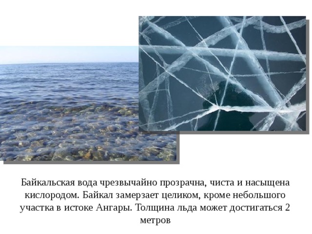 Байкальская вода чрезвычайно прозрачна, чиста и насыщена кислородом. Байкал замерзает целиком, кроме небольшого участка в истоке Ангары. Толщина льда может достигаться 2 метров 