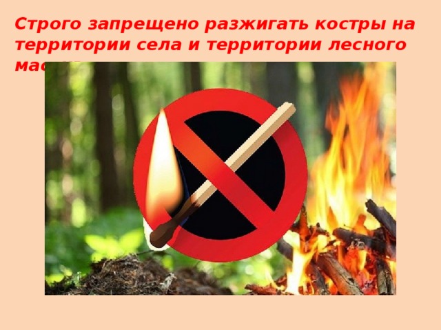 Строго  запрещено разжигать костры на территории села и территории лесного массива; 