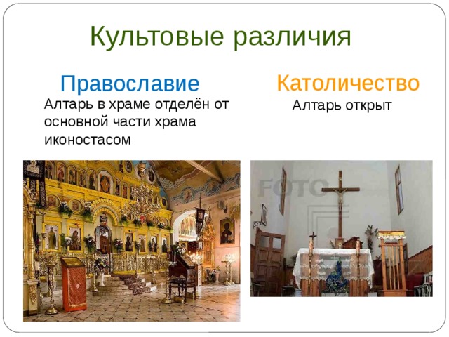 Культовые различия Католичество Православие Алтарь в храме отделён от основной части храма иконостасом Алтарь открыт  