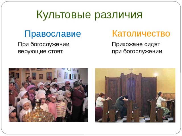 Культовые различия Католичество Православие При богослужении верующие стоят Прихожане сидят при богослужении  